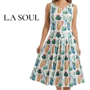L.A. Soul White Multi Color Cactus Print Fit & Flare Dress Sz L Western Desert